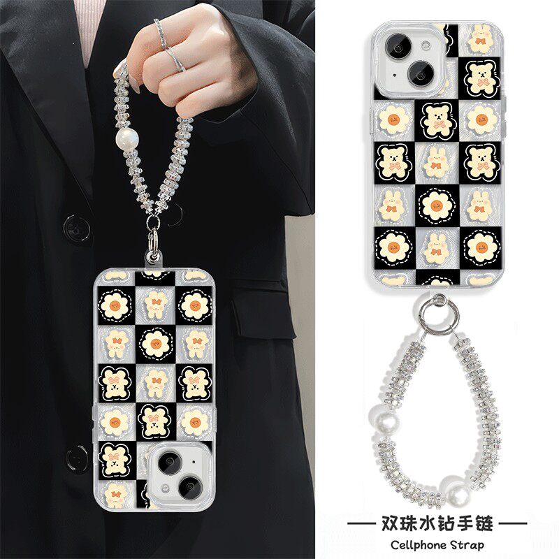 手链x200s可爱小米15Ultra适用14plus手机壳带挂绳iPhone12羽纱苹果16e硬13promax棋盘格小熊链条neo10高级感