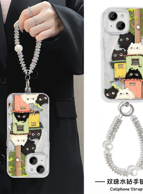 16ProMax书屋黑白猫14PLUS羽纱硬苹果15高级感Nova13适用少女心17Air手机壳带挂绳iPhone12卡通红米TURBO4PRO