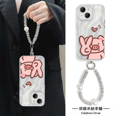 羽纱iPhone13ProMax卡通硬苹果12比耶爱心小猪15手机壳带挂绳a3高级感14可爱16plus适用华为MATE60RS非凡大师