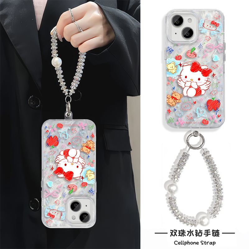 iPhone16适用硬15ProMax羽纱14苹果13plus手机壳带挂绳12高级感天使凯蒂猫华为PURA70小米15一加13女OPPOK12X