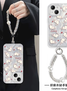 猫咪爱心英文iPhone15手机壳带挂绳12羽纱链条13苹果16Plus适用MATE70硬14ProMax高级感S20女ins风FINDX8创意