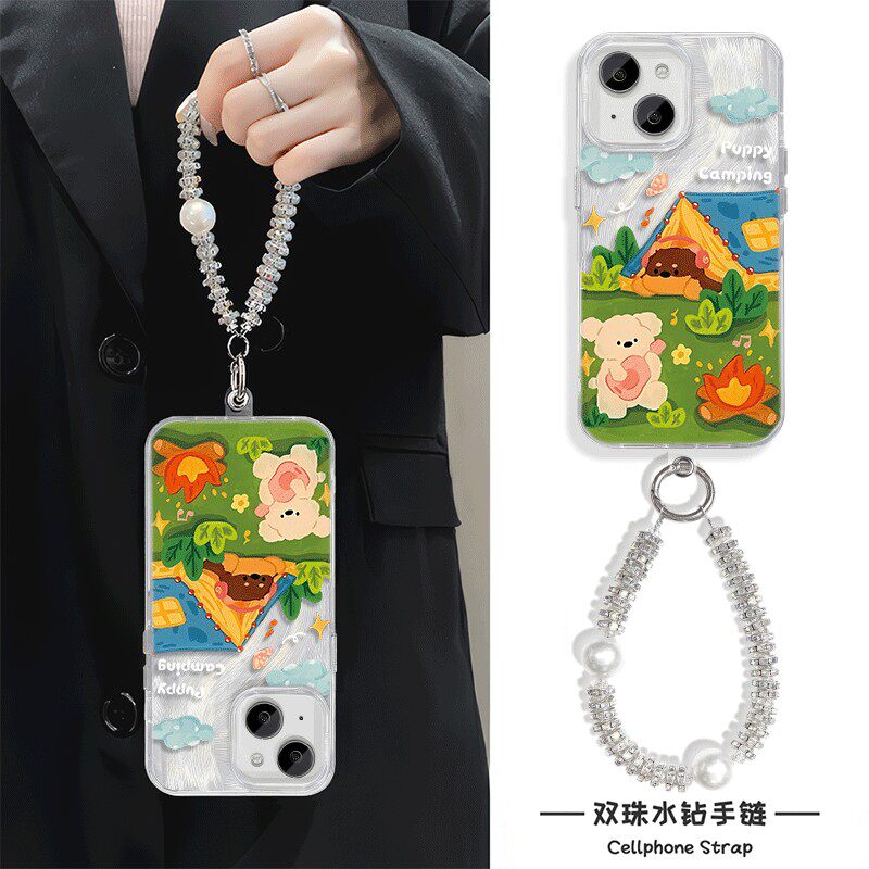 ins风适用15plus苹果16e手机壳带挂绳春天小熊iPhone14羽纱硬Nova13高级感12ProMax华为mate60可爱红米k70pro