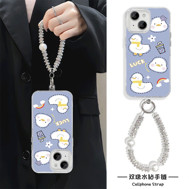 苹果14适用16plus奶茶鸭子小米15Ultra羽纱链条13女款手机壳带挂绳iPhone12promax硬高级感卡通手链x200s可爱