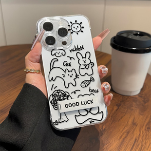 透明14plus简笔小猫适用iPhone13手机壳带支架12ProMax无边框OPPOReno11高级感苹果16超薄15ins风红米k80简约