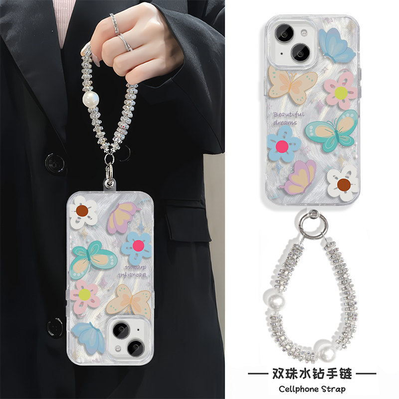 iPhone16花朵星星蝴蝶手链x200s高级感荣耀MAGIC7可爱苹果15适用14plus羽纱12promax硬13手机壳带挂绳k80女款