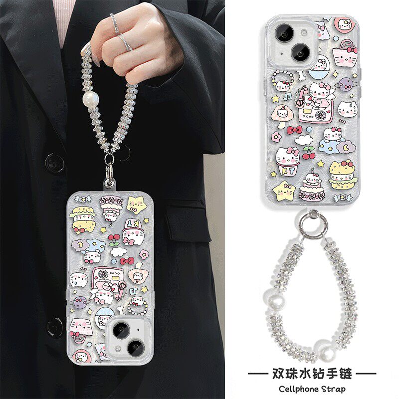 蛋糕凯蒂猫苹果16ProMax可爱硬羽纱15plus高级感手机壳带挂绳小米14适用iPhone13卡通华为Nova12红米k70ULTRA