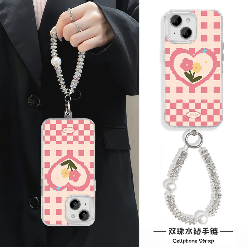 手机壳带挂绳硬iPhone13格子花朵高级感12ProMax红米k70ULTRA创意苹果16e适用小米15ultra小众羽纱14plus女款