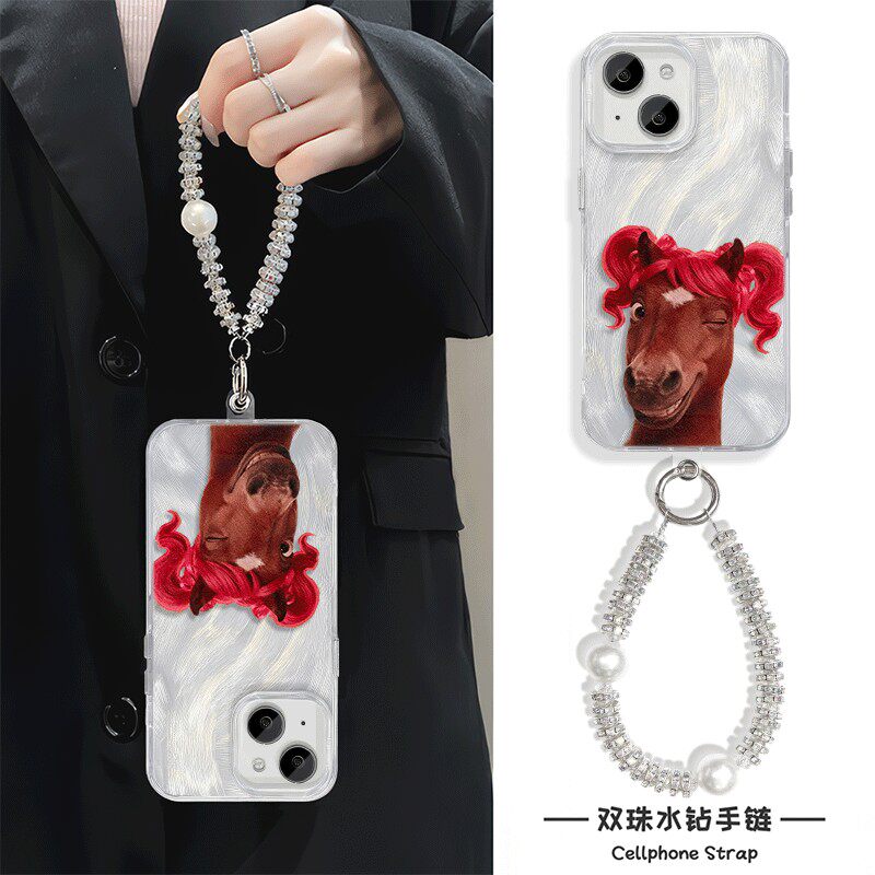 iPhone13羽纱硬苹果16e创意高颜值16plus手机壳OPPORENO14带挂绳小米15ULTRA适用小米17ProMax眨眼搞怪造型马