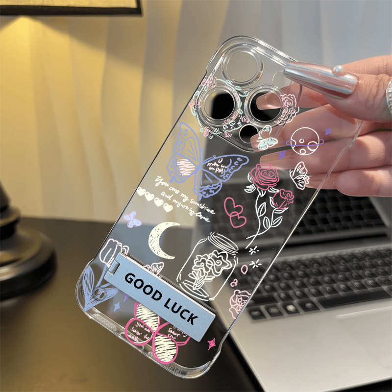 K80适用12超薄荣耀400手机壳带支架华为nova14硬13简约线条蝴蝶mate70高级感苹果16promax无边框透明iPhone15