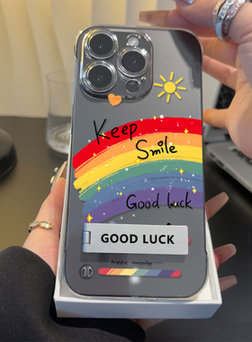 手腕Findx8透明超薄14plus无边框12苹果15ProMax创意彩虹微笑脸高级感iPhone13适用硬16手机壳带支架手链小众