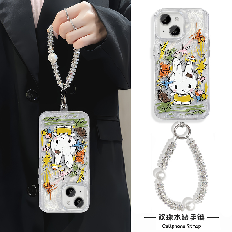 iPhone16适用硬15ProMax羽纱14苹果13plus手机壳带挂绳12高级感涂鸦米菲兔华为PURA80小米15一加13OPPOFINDX8