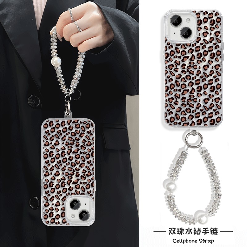 苹果16豹纹新款12ProMax硬小米15pro高级感手机壳带挂绳小众iPhone14plus适用羽纱手腕Reno13创意女款手链s20