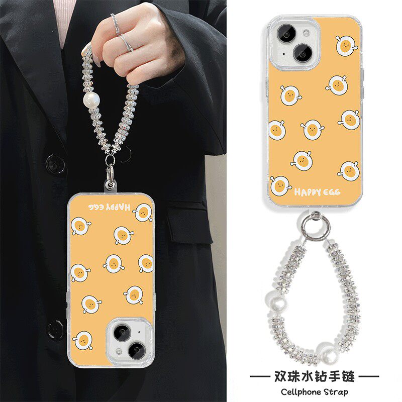 iPhone13手机壳带挂绳16promax硬小米15适用苹果14plus羽纱华为nova12Ultra可爱蛋黄手链x200s小众y300高级感