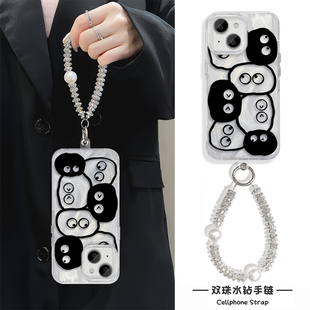 iPhone16e简笔可爱煤球12ProMax手机壳带挂绳硬14PLUS小众FINDX8适用创意17Air苹果15高级感羽纱13华为PURA80