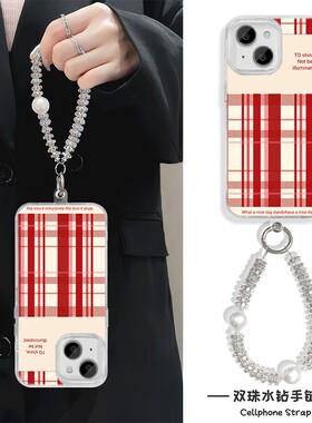 创意红色格纹S20Pro手机壳带挂绳P70小米15羽纱iPhone13适用FINDX8苹果14Plus硬12ProMax高级感16女ins风Y300