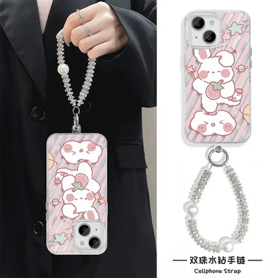 羽纱手机壳带挂绳iPhone12真我gt6小米15ultra适用草莓小兔16plus可爱苹果14硬13ProMax卡通手链s19pro高级感