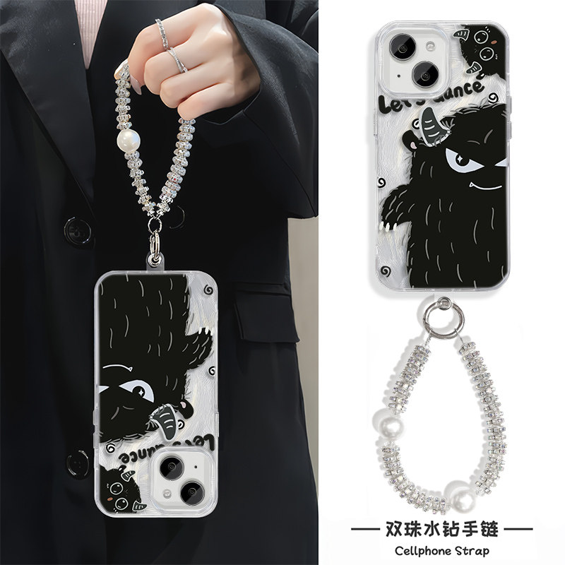 13ProMax苹果12卡通16适用硬iPhone14真我neo7创意黑色怪兽15plus羽纱手机壳带挂绳手腕A5活力版高级感findx8