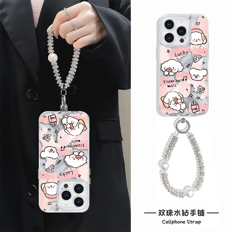 iPhone16爱心小狗苹果13手机壳带挂绳华为P70可爱15ProMax高级感适用14plus羽纱华为NOVA12硬ins风手腕findX8