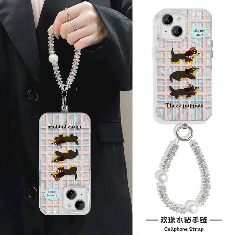 苹果12创意16plus小众适用iPhone15格纹腊肠狗13ProMax小米CIVI4PRO羽纱手机壳带挂绳硬14高级感女华为mate70