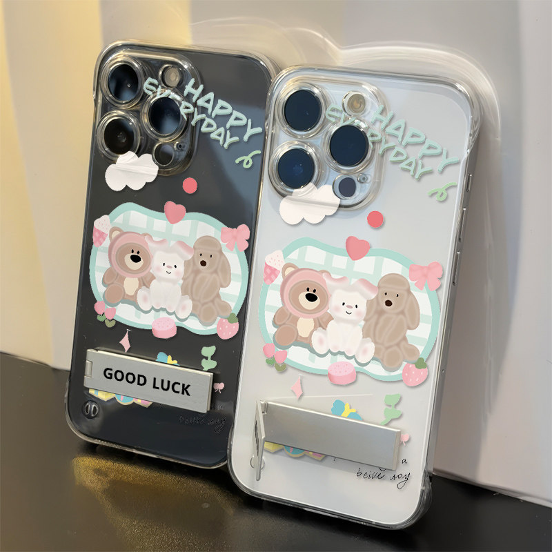 苹果15插画小熊小兔手腕K12S透明超薄14plus无边框iPhone13适用硬16e手机壳带支架12ProMax高级感红米k80可爱
