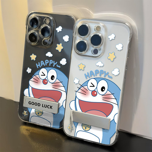 苹果16超薄15透明高级感红米TURBO4pro眨眼叮当猫14plus适用iPhone13手机壳带支架12ProMax无边框VIVOx90可爱