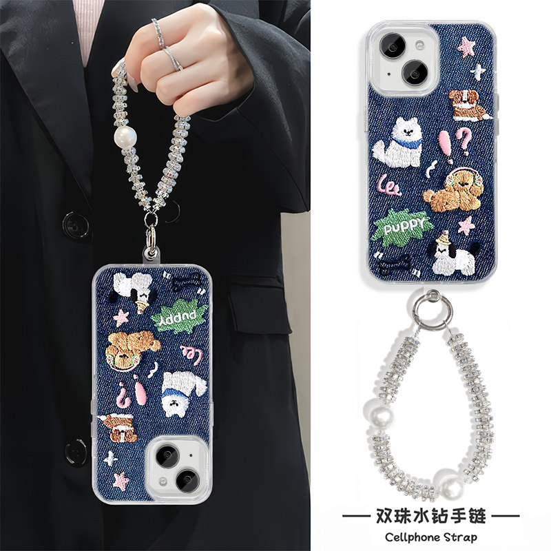 华为mate70适用16plus牛仔英文小狗iPhone15羽纱13手机壳带挂绳12promax硬苹果14卡通手腕findx8小众女高级感