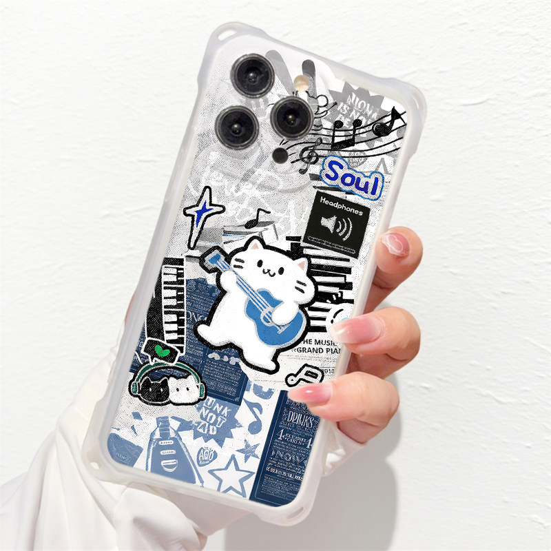 iPhone14卡通VIVOx300Ultra斜挎手腕挂绳苹果13p四角开孔创意适用小米17防摔15plus手机壳软16ProMax吉他白猫