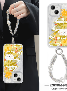 iPhone16e羽纱手腕Reno13手机壳带挂绳12promax硬苹果15圣诞树油画14plus适用手链x200s卡通华为mate70高级感