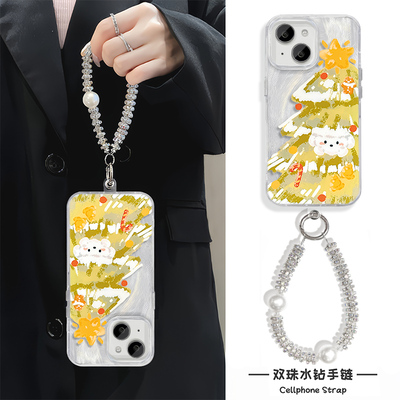 iPhone16e羽纱手腕Reno13手机壳带挂绳12promax硬苹果15圣诞树油画14plus适用手链x200s卡通华为mate70高级感