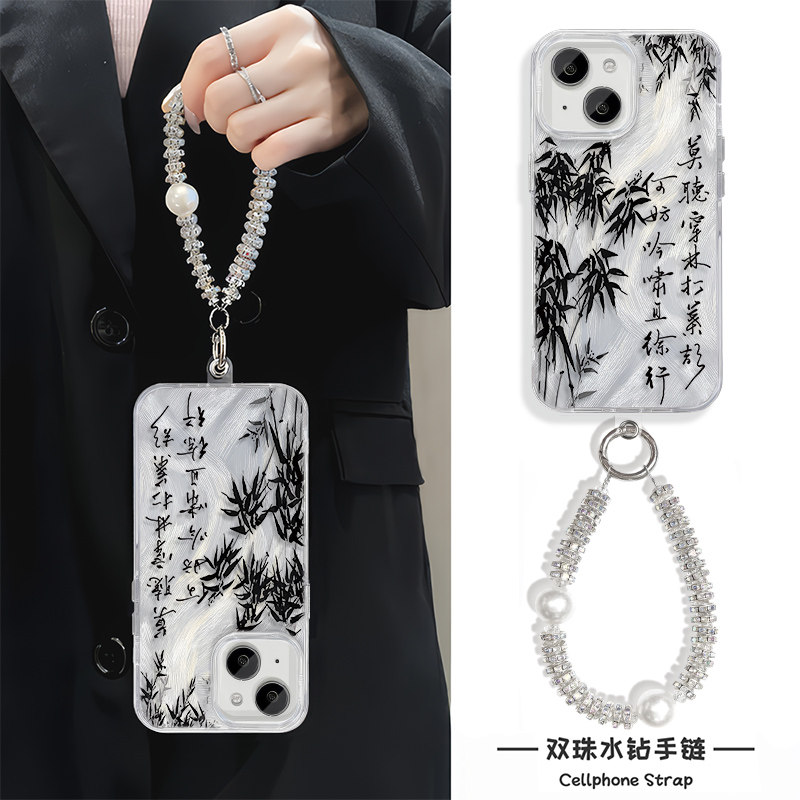 iPhone16适用硬15羽纱14plus苹果13手机壳带挂绳12ProMax高级感艺术书法竹子OPPOFINDX8红米K80一加13荣耀300