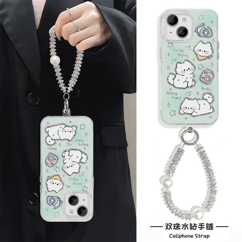 苹果15plus手机壳带挂绳a5pro适用iPhone14电话小狗链条12可爱16ProMax羽纱硬华为Nova13高级感s20华为Pura70