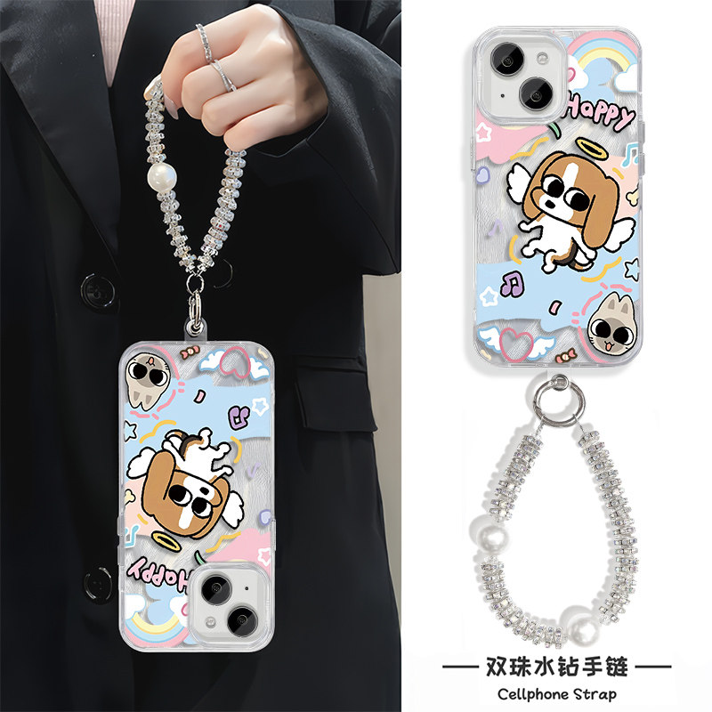 iPhone16创意羽纱15plus多栋比格小狗苹果14适用一加13硬卡通12ProMax华为mate70手机壳带挂绳链条Z9X红米K80
