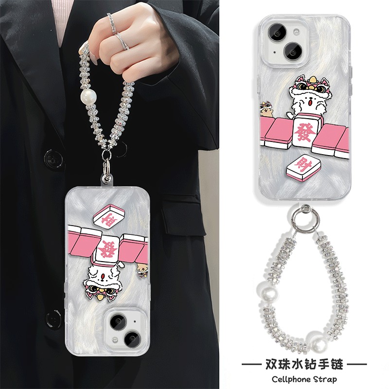 苹果15适用12ProMax硬羽纱iPhone16发财麻将线条小狗iqoo13手机壳带挂绳14plus荣耀60创意手链s20pro高级感女