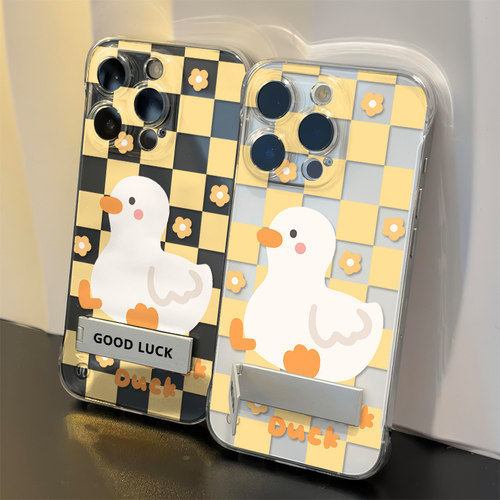 iPhone16超薄高级感15plus透明苹果14格子鸭子OPPOFindx8少女心华为Mate70适用13ProMax手机壳带支架12无边框