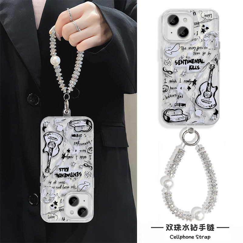 iPhone16适用硬15ProMax羽纱14苹果13plus手机壳带挂绳12高级感电吉他英语小众荣耀300红米NOTE14VIVOX200S