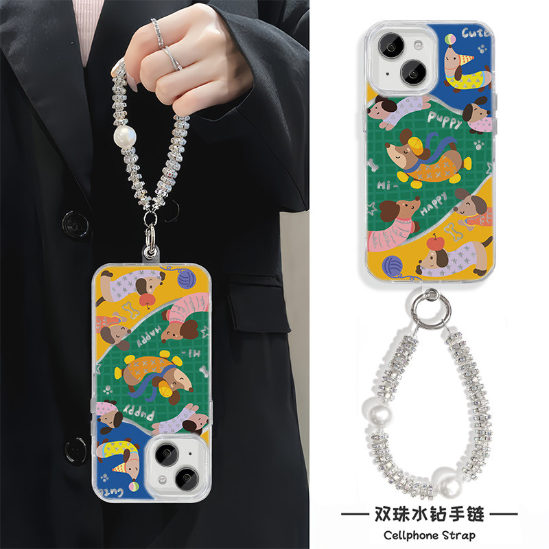 高级感s20卡通华为mate70小众iPhone15羽纱手腕Reno13硬苹果14适用16plus拼接腊肠狗k80手机壳带挂绳12promax