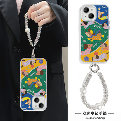 高级感s20卡通华为mate70小众iPhone15羽纱手腕Reno13硬苹果14适用16plus拼接腊肠狗k80手机壳带挂绳12promax