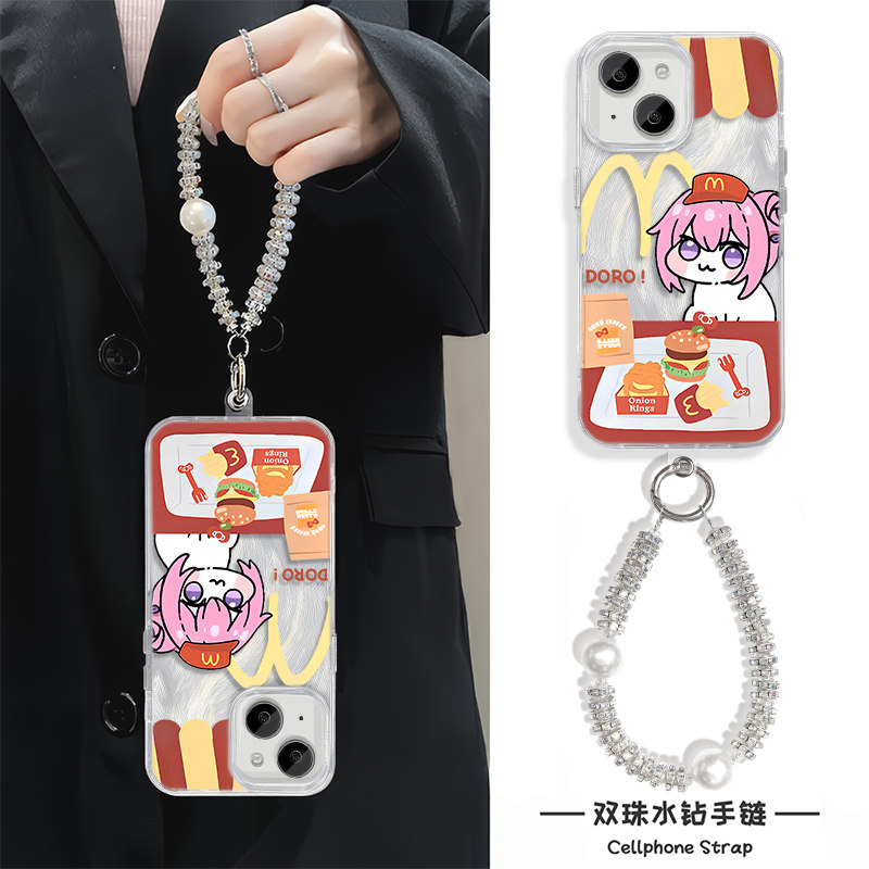 iPhone15羽纱荣耀300苹果14plus手机壳带挂绳13适用16硬12可爱小米17ProMax皱眉桃乐丝少女心VIVOx200s高颜值