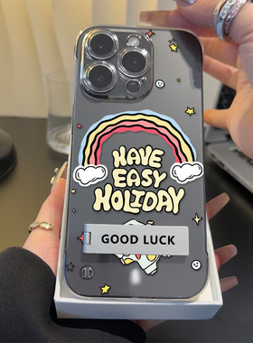 无边框iPhone13适用硬12ProMax高级感华为Mate60彩虹睡觉小新苹果16手机壳带支架15plus超薄14透明真我gt7pro