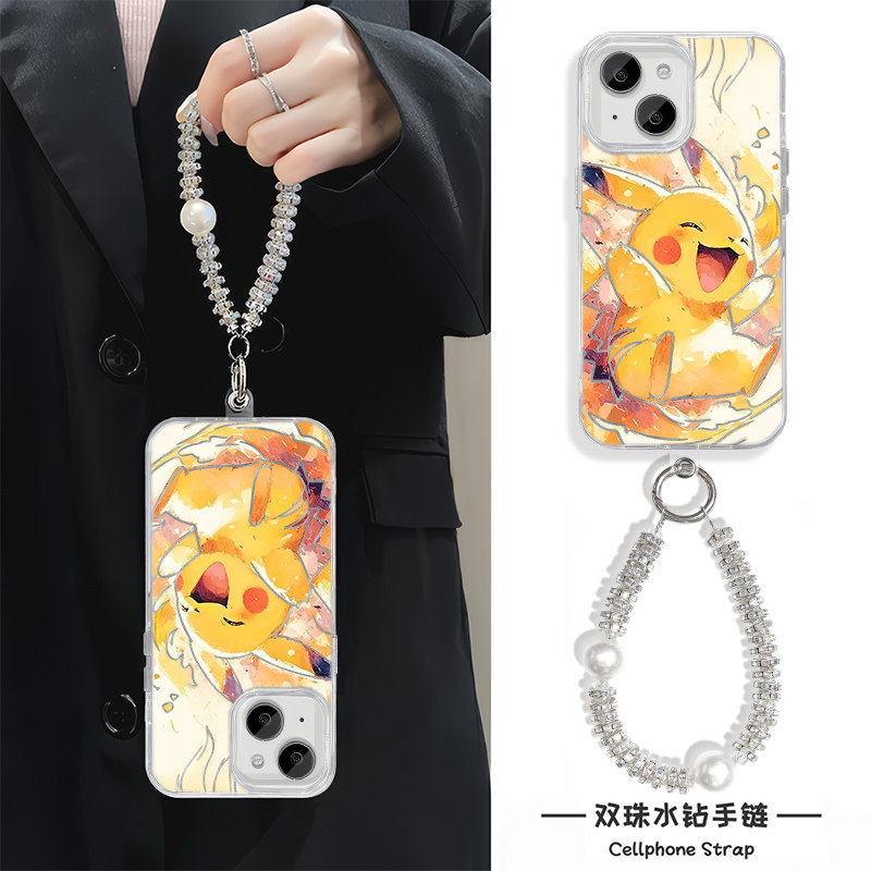 iPhone17手机壳带挂绳开心皮卡丘16ProMax华为P80可爱适用12羽纱OPPOReno14硬卡通15PLUS苹果13高级感荣耀X70