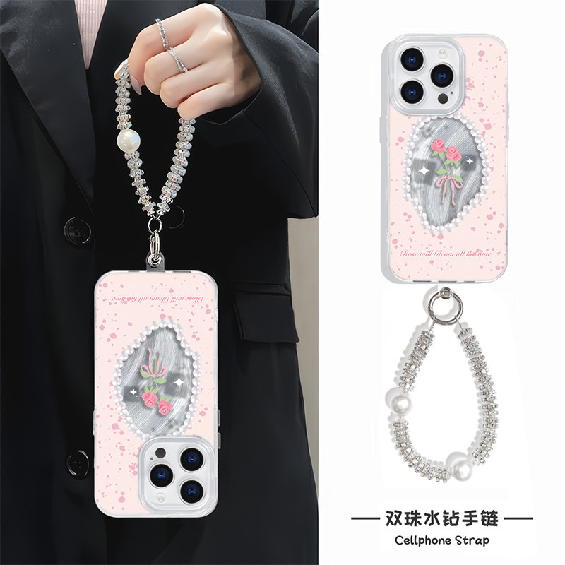 ins风硬15ProMax超仙适用苹果12珍珠玫瑰花iPhone14plus高级感羽纱创意16华为mate70手机壳带挂绳13小清新k80