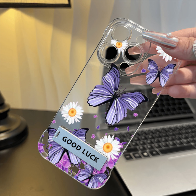 15plus适用iPhone13手机壳带支架12ProMax无边框透明红米note14紫色蝴蝶菊花苹果16超薄OPPOFindx8高级感a58x