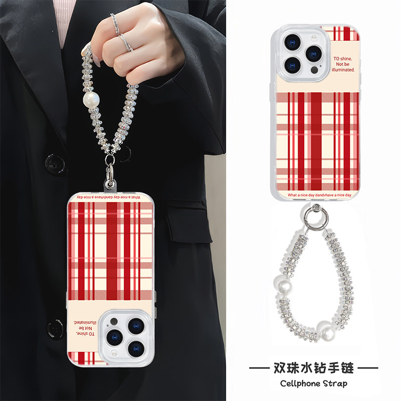 苹果14硬羽纱13ProMax手机壳带挂绳iPhone12高级感适用16小众15plus创意红色格纹手链x200一加ace5华为Pura70