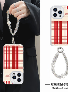 苹果14硬羽纱13ProMax手机壳带挂绳iPhone12高级感适用16小众15plus创意红色格纹手链x200一加ace5华为Pura70