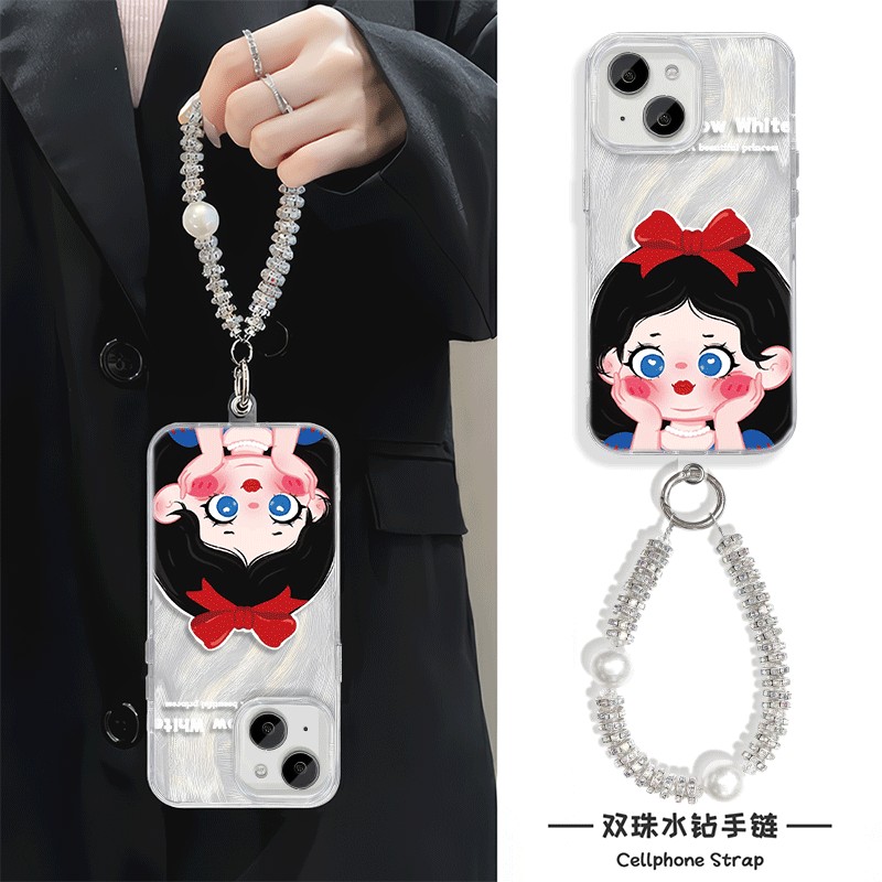 iPhone13创意16羽纱手链s20手机壳带挂绳硬15plus托脸白雪公主14ProMax高级感适用苹果12女款手腕findX7ultra