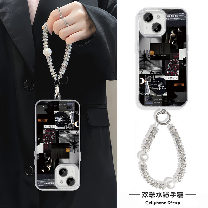 iPhone16适用硬15羽纱14plus苹果13手机壳带挂绳12ProMax高级感创意拼接碎片荣耀X70I红米K80一加OPPOFINDX8