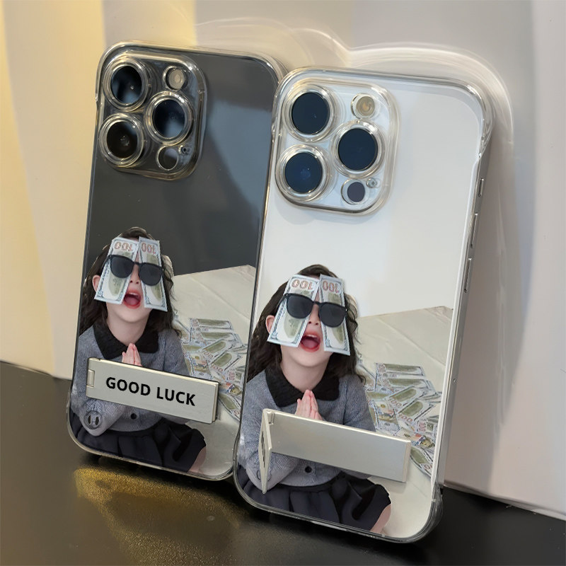 小米17MAX无边框硬iPhone14透明适用苹果16PLUS手机壳带支架OPPORENO15C超薄13ProMax高级感小众发财墨镜女孩