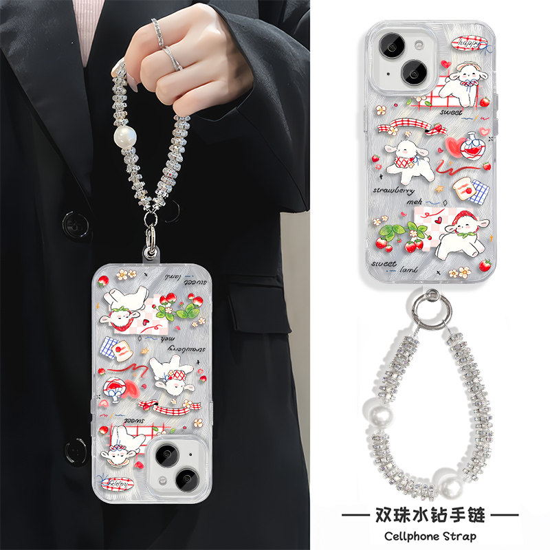 iPhone16适用硬15羽纱14plus苹果13手机壳带挂绳12ProMax高级感草莓小羊OPPOFINDX8红米NOTE14一加ACE5荣耀GT