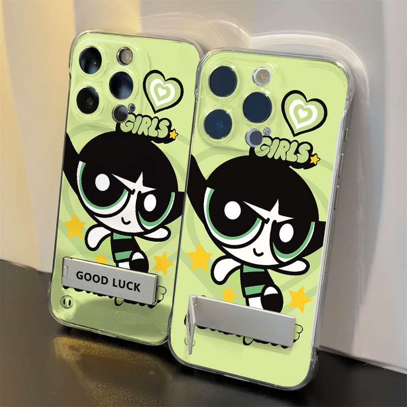 可爱飞天小女警绿适用iPhone13P高级感OPPORENO15C硬16plus手机壳卡通带支架苹果14无边框17ProMax超薄12透明