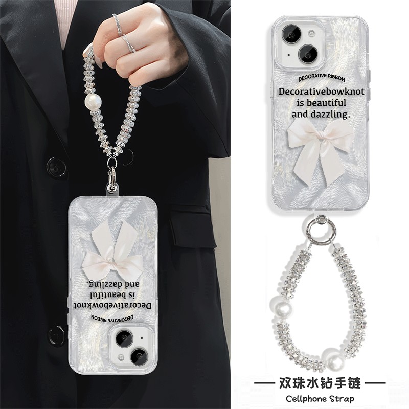 苹果12小众16ProMax羽纱硬英文蝴蝶结K70高级感iPhone15手机壳带挂绳Nova14Pro适用ins风一加13红米TURBO4PRO